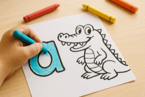 Child coloring the letter A on a piece of paper