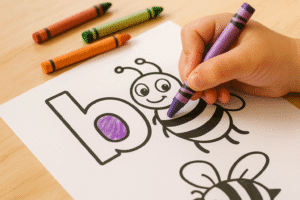 Child's hand with a wax crayon coloring the letter B