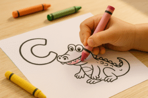 Child's hand holding a crayon coloring the letter C