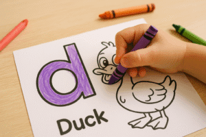 child's hand coloring in the letter D