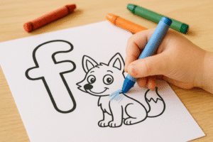 Child's hand holding a wax crayon coloring in the letter F