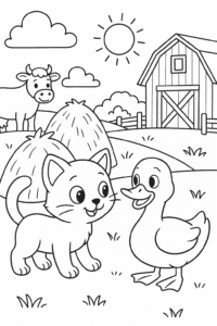 The cat is seen exploring a farmyard, with a barn, haystacks and farm animals in the background in our cat coloring page scene. The cat has a curious expression on its face, and is interacting with a friendly farm duck, both characters with large, expressive eyes
