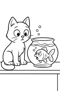 This cat coloring page has a cat sitting next to a fishbowl on a table, wide-eyed and entranced by the goldfish swimming inside. The goldfish is also looking at the cat with a surprised expression, and bubbles are rising up from its mouth.