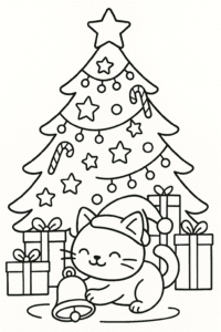 The cat is playing with Christmas ornaments, specifically a large Christmas bell, under a decorated Christmas tree. The tree is adorned with stars, candy canes, and Christmas lights. The cat is wearing a Santa hat, and the scene is completed with a pile of wrapped presents under the tree.