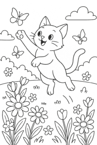 The cat is seen frolicking in a garden, chasing butterflies among the flowers in this cat coloring page. The cat is leaping high in the air, its paw outstretched towards a butterfly. The garden is full of a variety of flowers, and there are other butterflies fluttering around.