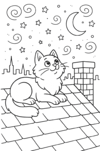 The cat is lying on a roof, gazing up at the stars and the crescent moon. There's a chimney next to the cat, and the silhouette of a city skyline in the background. The cat is depicted with a dreamy expression on its face, its tail curled around its body.