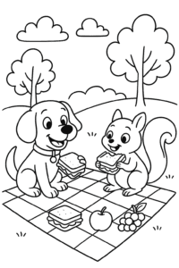 A dog and squirrel enjoying picnic together