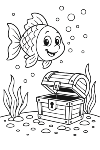 A smiling goldfish swimming around a treasure chest at the bottom of a bubbly fish tank