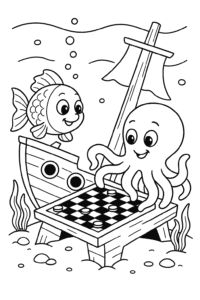 A goldfish and a friendly octopus playing checkers on a sunken ship