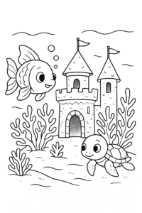 A goldfish exploring a coral castle with a small sea turtle in a deep sea scene