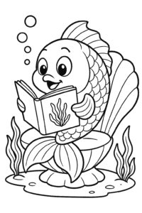 A goldfish blowing bubbles while reading a seaweed book in a comfy clamshell chair