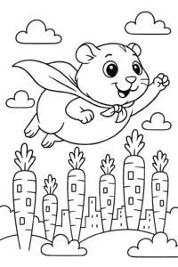 A guinea pig in a superhero cape, flying over a playful cityscape with carrots for buildings