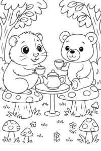 A guinea pig having a tea party with a teddy bear in a magical forest with mushroom stools