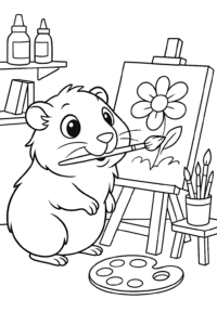 A guinea pig with a paintbrush in its mouth, creating a masterpiece on a canvas in an artist's studio