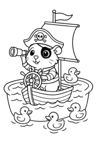 A guinea pig pirate sailing on a tiny ship in a bathtub, with rubber duckies floating around