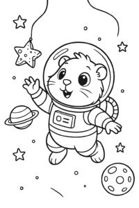 A guinea pig astronaut floating in space, reaching for a star-shaped cheese on a string