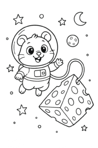 A hamster astronaut floating in space, tethered to a cheese-shaped spaceship
