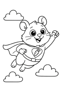 A hamster superhero flying through the sky, a carrot-shaped emblem on its chest