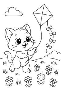A kitten flying a kite in a blooming meadow