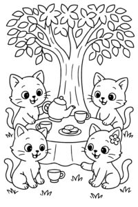 A group of kittens having a tea party under a big, leafy tree