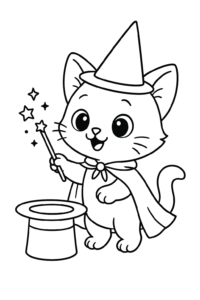 A kitten wearing a magician's hat and cape, waving a magic wand over a hat
