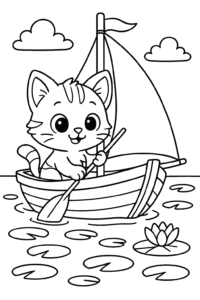 A kitten in a small sailboat, navigating through a pond full of lily pads
