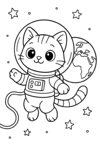 A kitten astronaut floating in space, with Earth visible behind