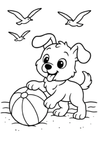 A puppy playing with a beach ball on a sandy beach with seagulls flying overhead