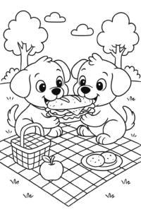 Two puppies having a picnic on a checkered blanket in a park, sharing a big sandwich