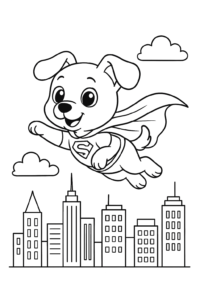 A puppy dressed as a superhero, complete with a cape, flying above a city skyline