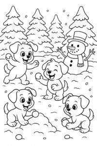 A group of puppies having a fun snowball fight in a winter wonderland, with snow-covered trees and a snowman