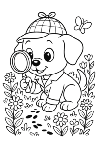 A puppy with a magnifying glass playing detective, looking for clues in a garden full of flowers