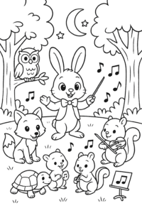 A rabbit conducting a symphony of woodland creatures in a moonlit forest