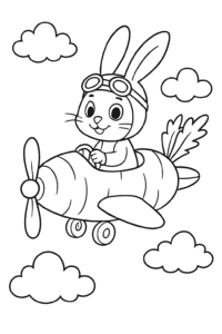 A rabbit pilot navigating his carrot-shaped airplane through fluffy white cloud