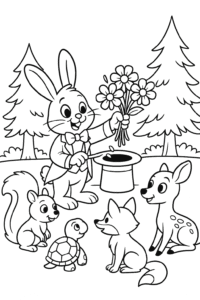A rabbit magician pulling colorful flowers out of a hat in front of a captivated audience of forest animals