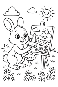 A rabbit artist painting a vibrant landscape on an easel in a sunny meadow