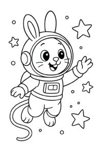 A rabbit astronaut floating in space, reaching out to touch a star