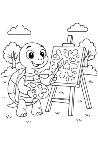 A tortoise with a painter's palette and brush, creating a colorful masterpiece on a canvas in the park