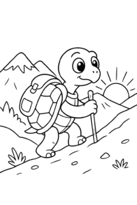 A tortoise with a backpack and hiking stick, slowly climbing a mountain with a sunset in the background