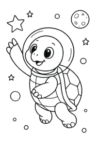 A tortoise in an astronaut's helmet, floating in space and reaching for a star