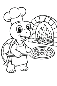 A tortoise in a chef's hat and apron, cooking a pizza in a wood-fired oven