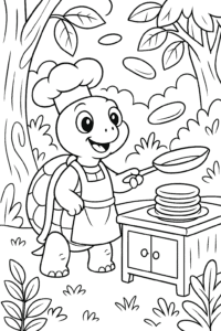 A turtle wearing a chef hat and apron, flipping pancakes in a woodland kitchen