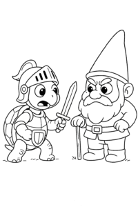 A turtle knight in armor, holding a tiny shield, bravely facing a garden gnome
