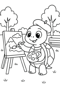 A turtle painter with a beret and palette, creating a masterpiece on a canvas in a park