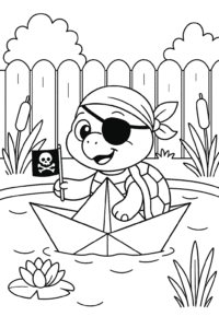 A turtle pirate with an eyepatch and bandana, sailing on a paper boat in a backyard pond