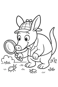 An aardvark wearing a detective hat and magnifying glass searching for bugs