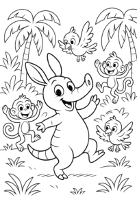 A playful aardvark dancing with jungle friends, like monkeys and birds