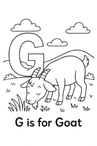 Goat eating grass with the letter G in the background
