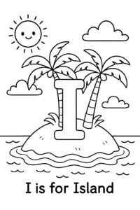 A sunny island surrounded by sparkling blue ocean