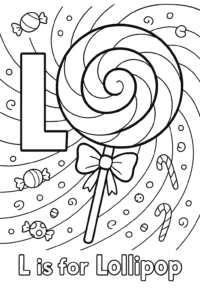 A large, colorful lollipop against a swirling, candy-filled background.